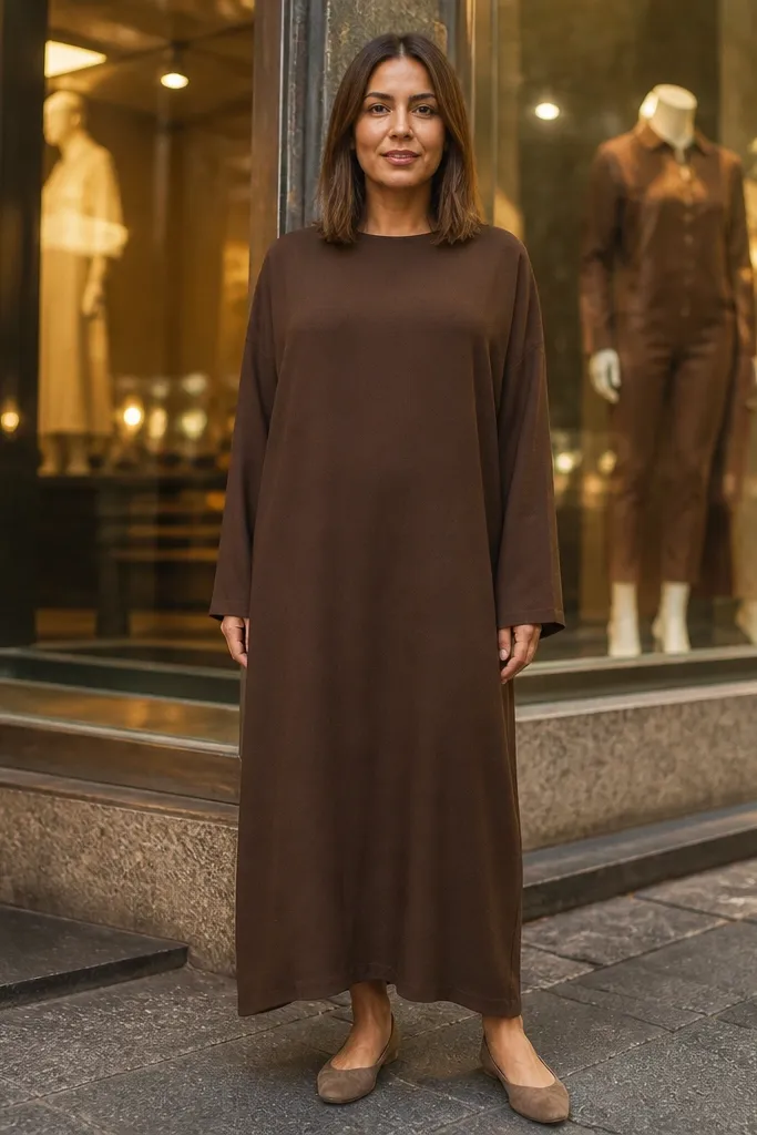 Brown long dress that hangs straight without waist shaping