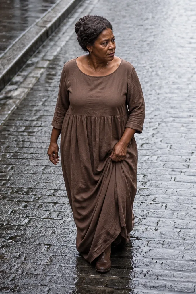 Brown long dress hem pooling in folds around the ankles