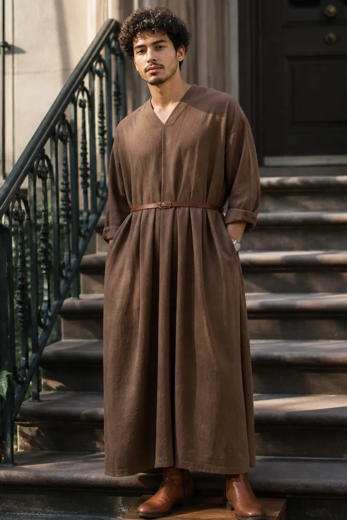 Brown long dress with a very thin belt that disappears at the waist