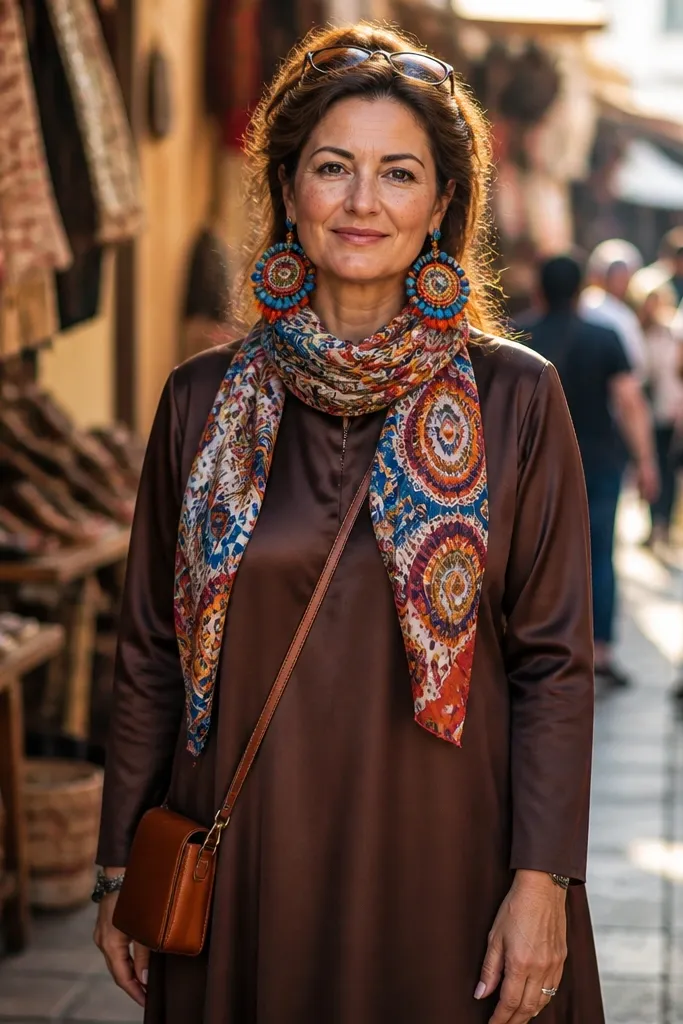 Brown long dress with chunky statement jewelry and a busy accessory mix
