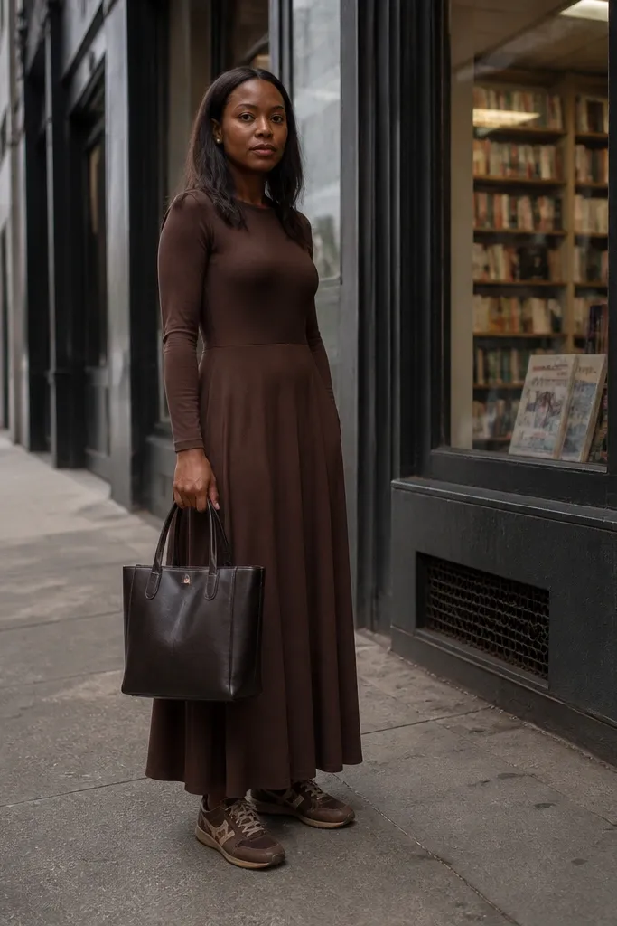 Brown long dress with scuffed sneakers