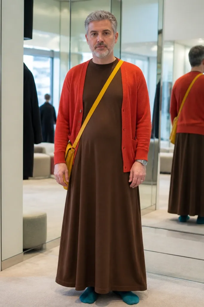 Brown long dress with multiple bright colors in bag, belt, and scarf