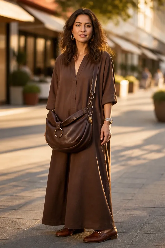 Crossbody bag slung low with a long brown dress