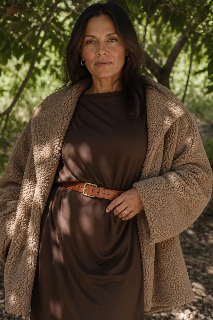 Brown long dress with a scratchy-looking oversized sweater and loud textures