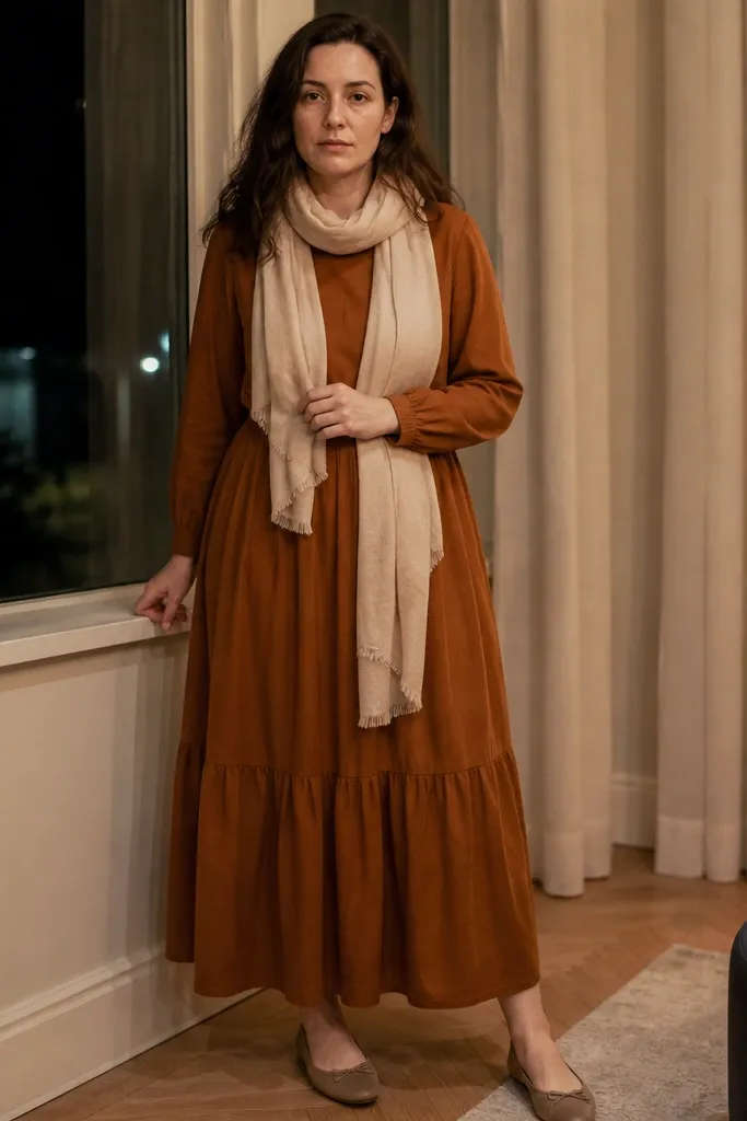 Orange-brown long dress with mismatched warm accessories