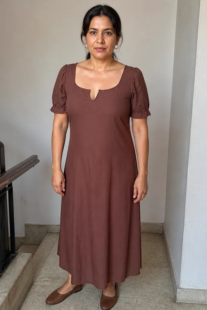 Brown long dress with uneven neckline and short sleeves that look unfinished