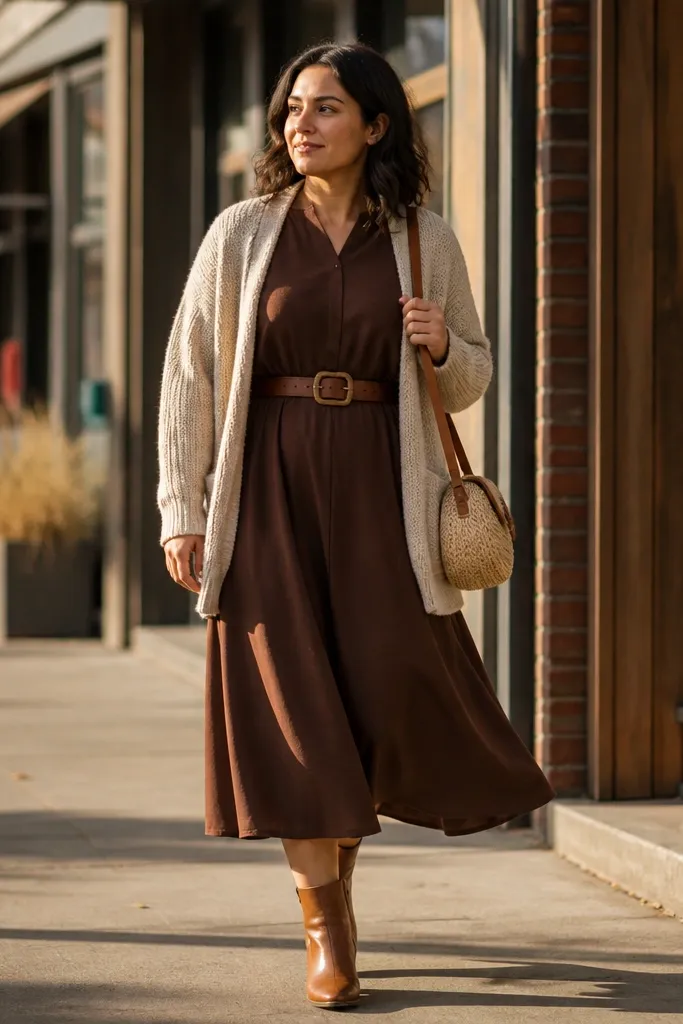 Matte brown dress with a shiny belt buckle and plastic-looking hardware
