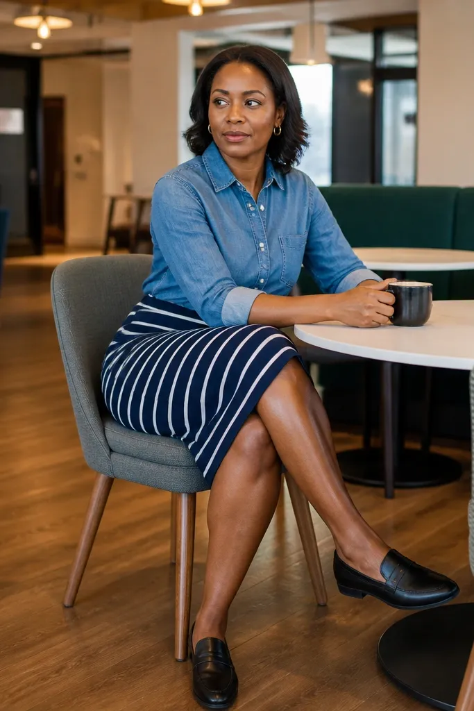 Chambray button-down with a navy and white striped pencil skirt and white sneakers