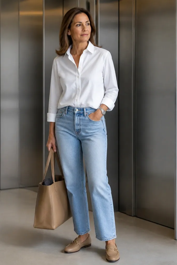White poplin shirt with light wash straight jeans and tan loafers