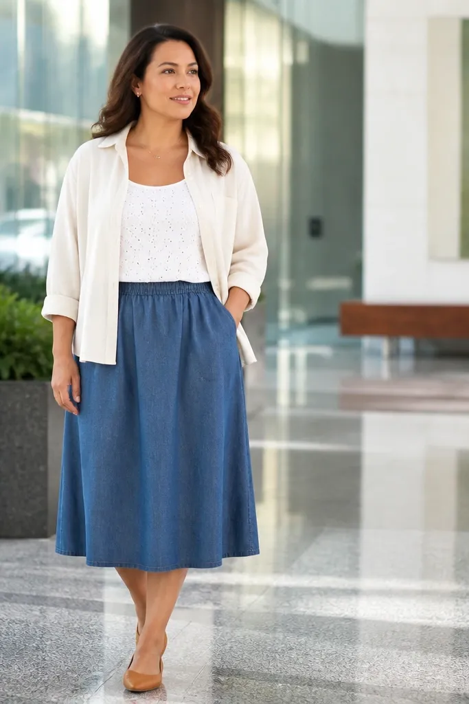 White eyelet tank with a chambray midi skirt and brown sandals
