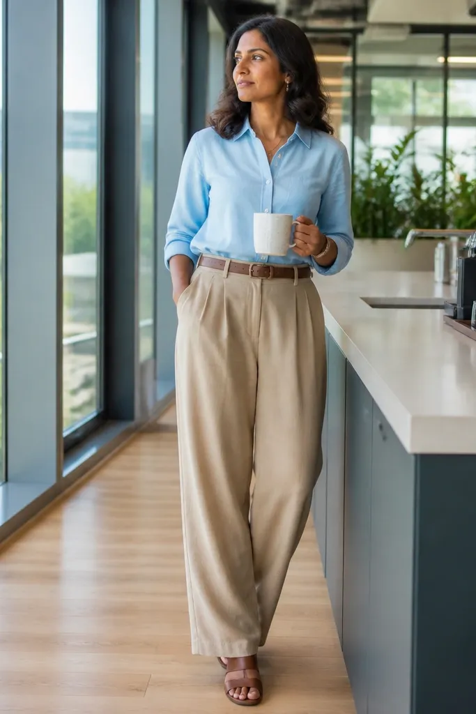 Sky blue button-down with tan paperbag trousers and tan loafers