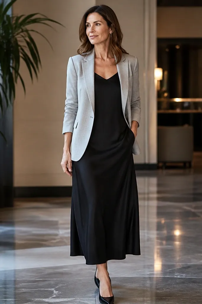 Black slip dress with a cream lightweight blazer and nude heels