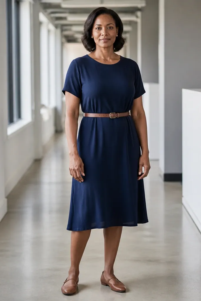 Navy tee dress with a brown belt and brown leather sandals