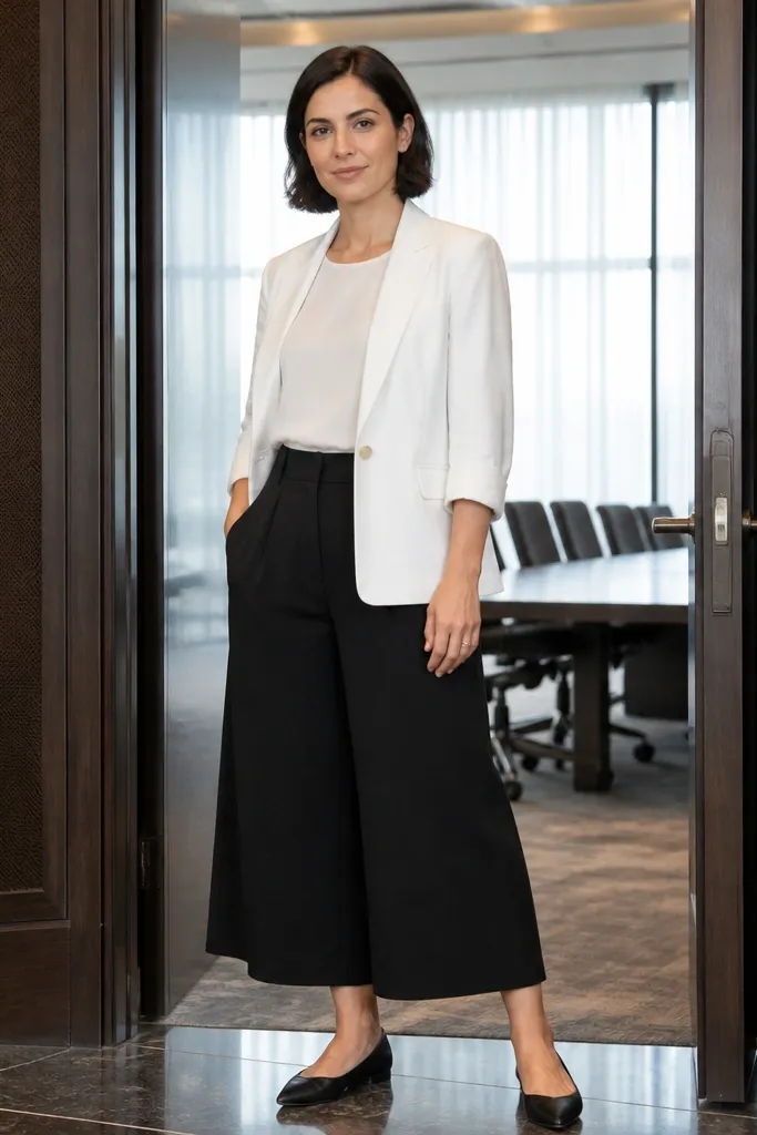 White blazer with black culottes and black strappy flats