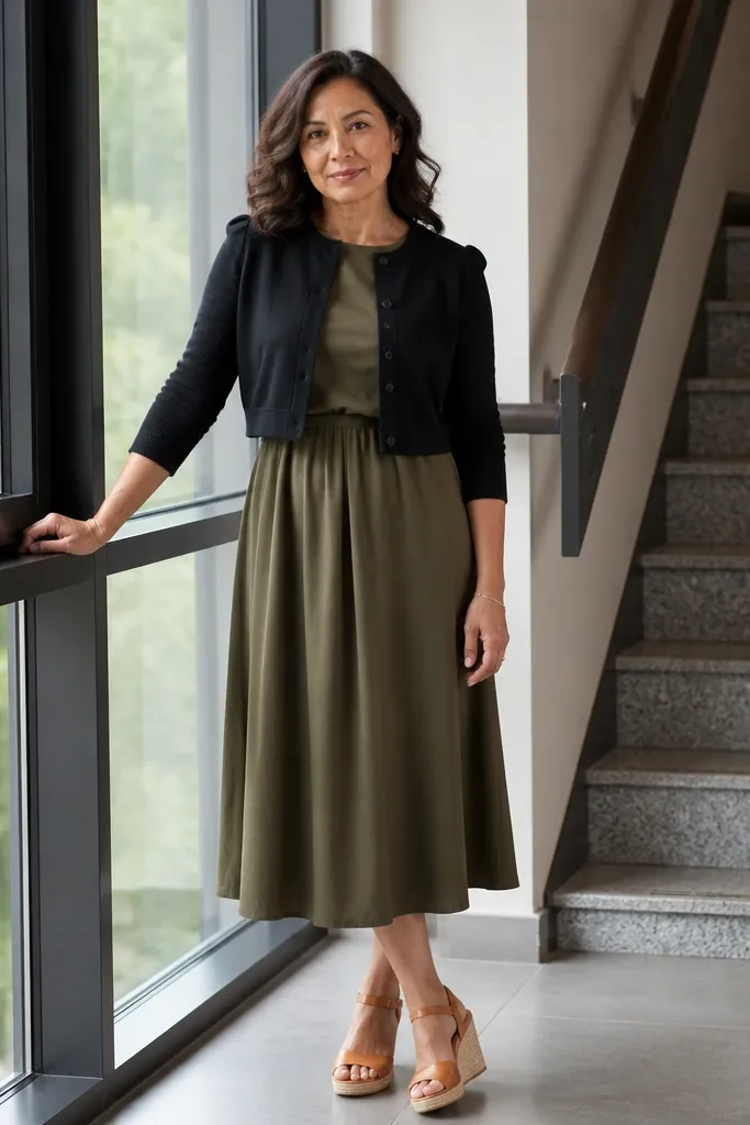 Olive midi dress with a black cropped cardigan and tan wedges