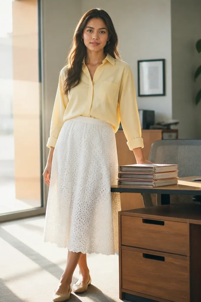 Yellow button-down with a white eyelet skirt and tan sandals