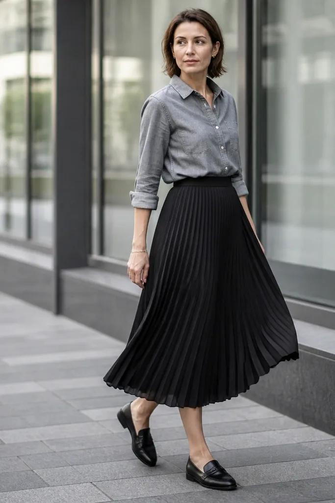Gray chambray shirt with black pleated skirt and black loafers