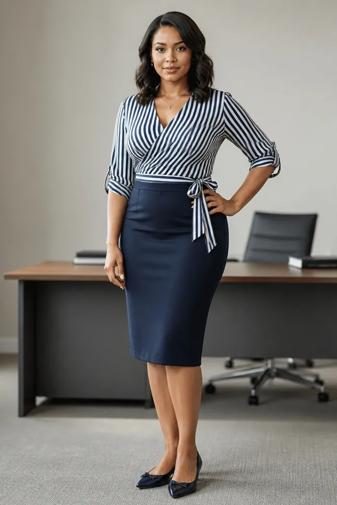 Striped wrap blouse with navy pencil skirt and nude heels