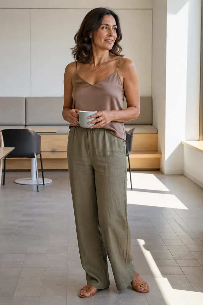 Mocha cami with olive linen trousers and tan flat sandals