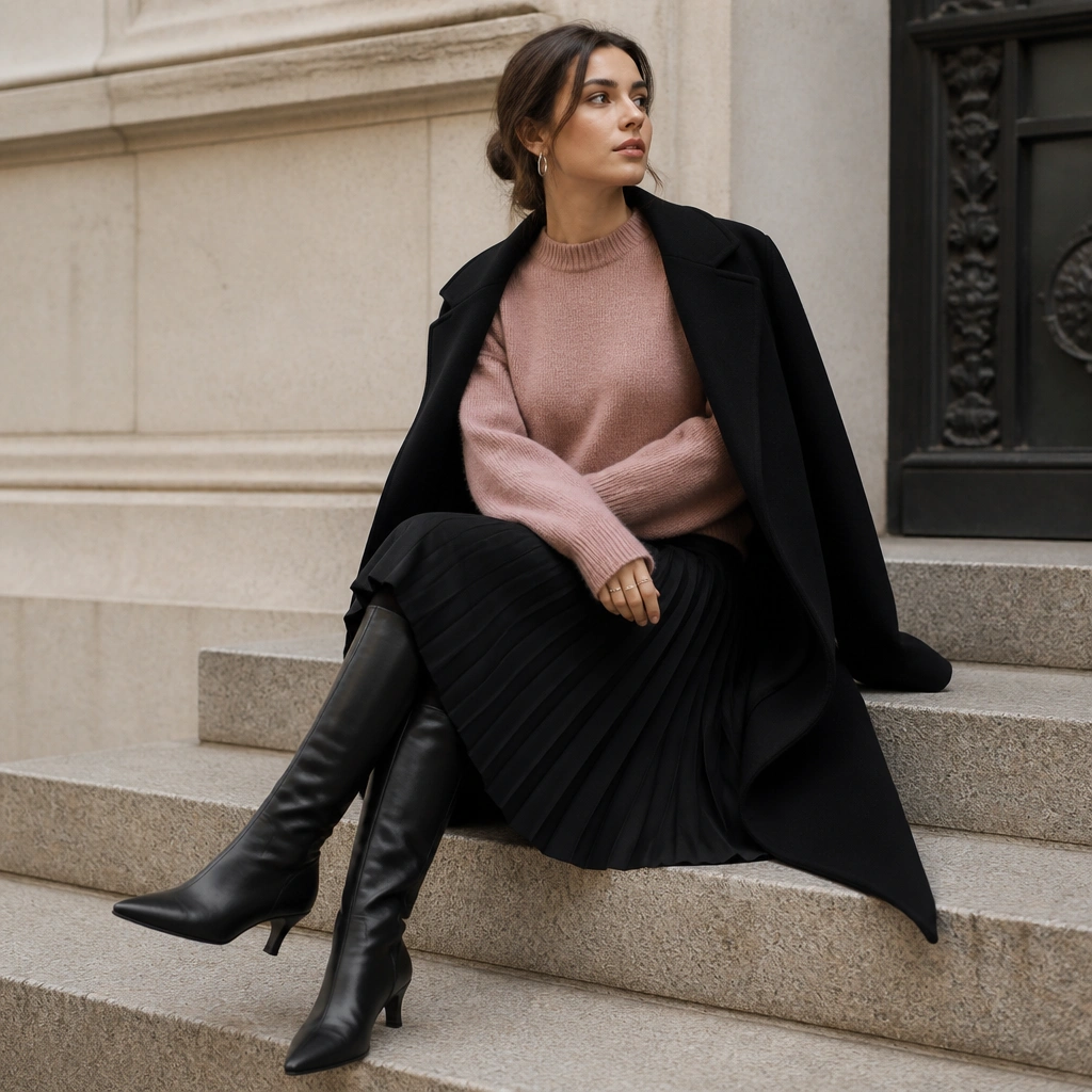 A dusty rose pink sweater worn with a black pleated midi skirt and black knee-high boots; a long black coat is draped over the shoulders, with a silver hoop earring visible.