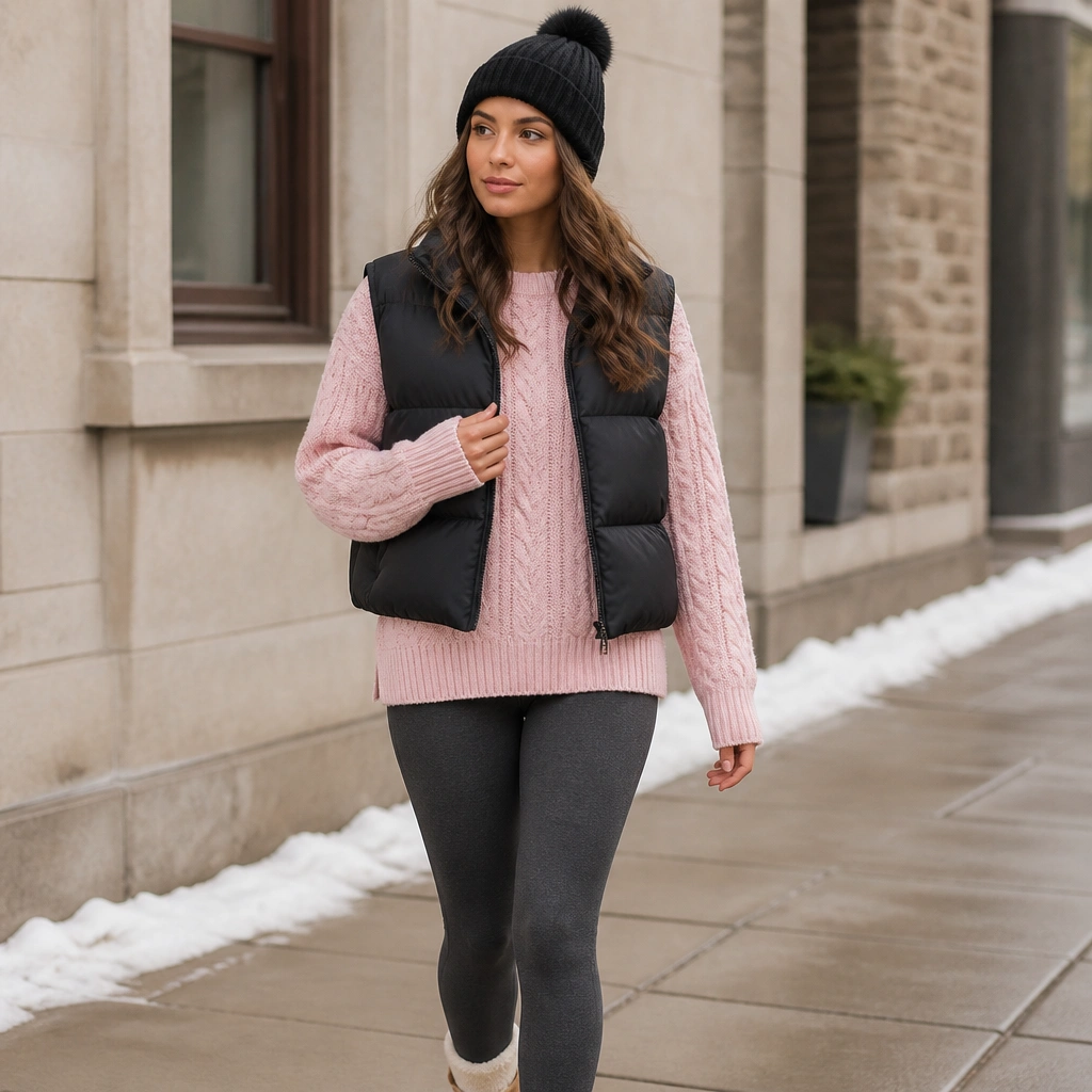 A baby pink cable-knit sweater layered over charcoal fleece-lined leggings, topped with a cropped black puffer vest; the image shows winter sidewalk pavement and a knit beanie.