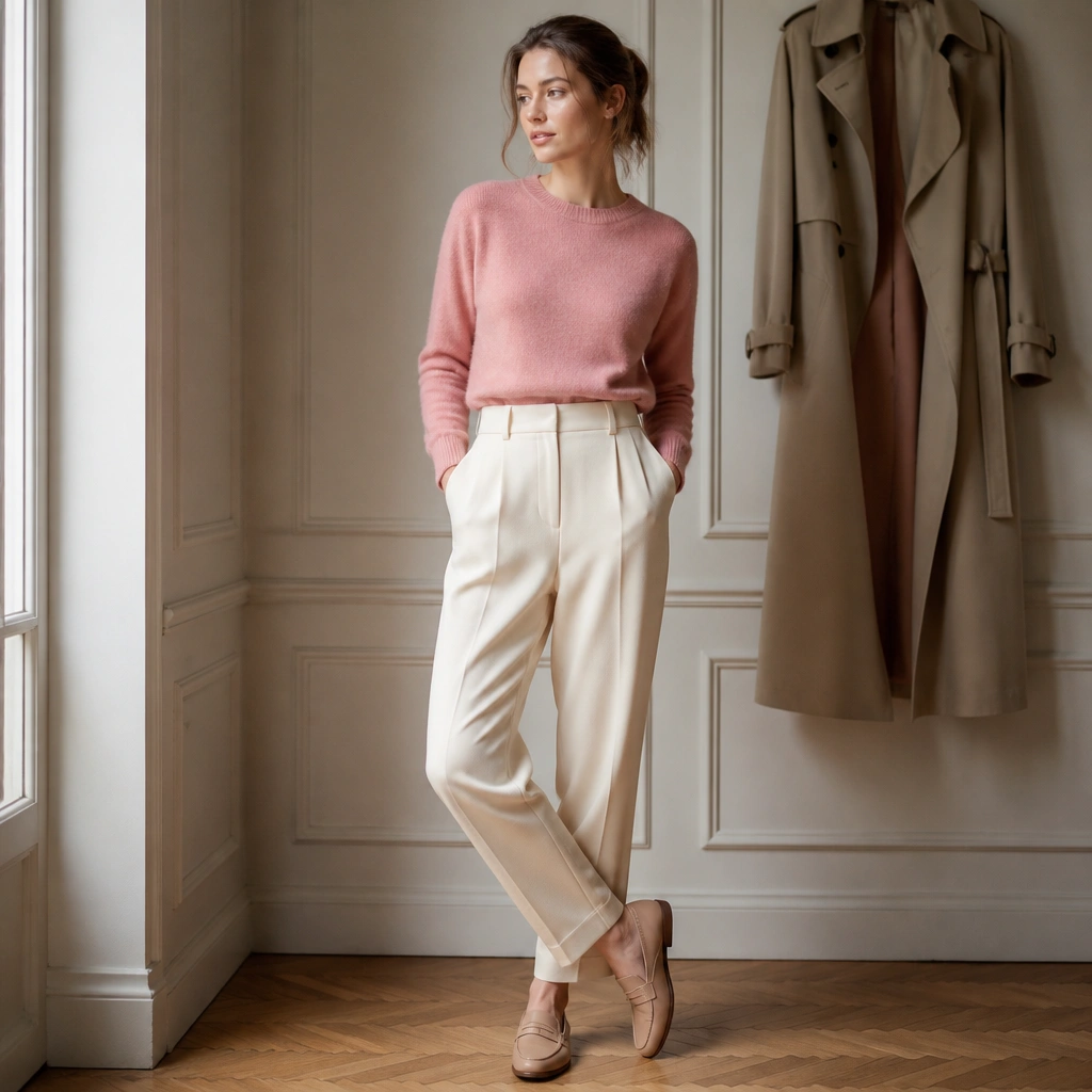 A rose pink sweater paired with high-waist cream trousers and nude leather loafers; a light trench coat hangs open in the background.