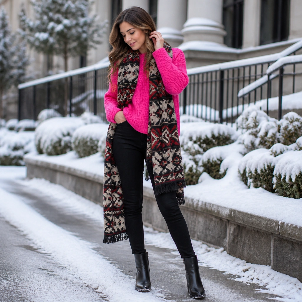 A vibrant hot-pink sweater with black skinny jeans and a long patterned scarf in red, black, and cream; black ankle boots are shown against a snowy curb.