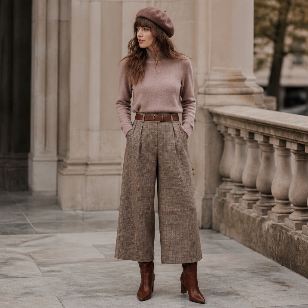 A muted pink sweater tucked into plaid wide-leg pants with a brown leather belt; the look includes tall brown boots and a wool beret.