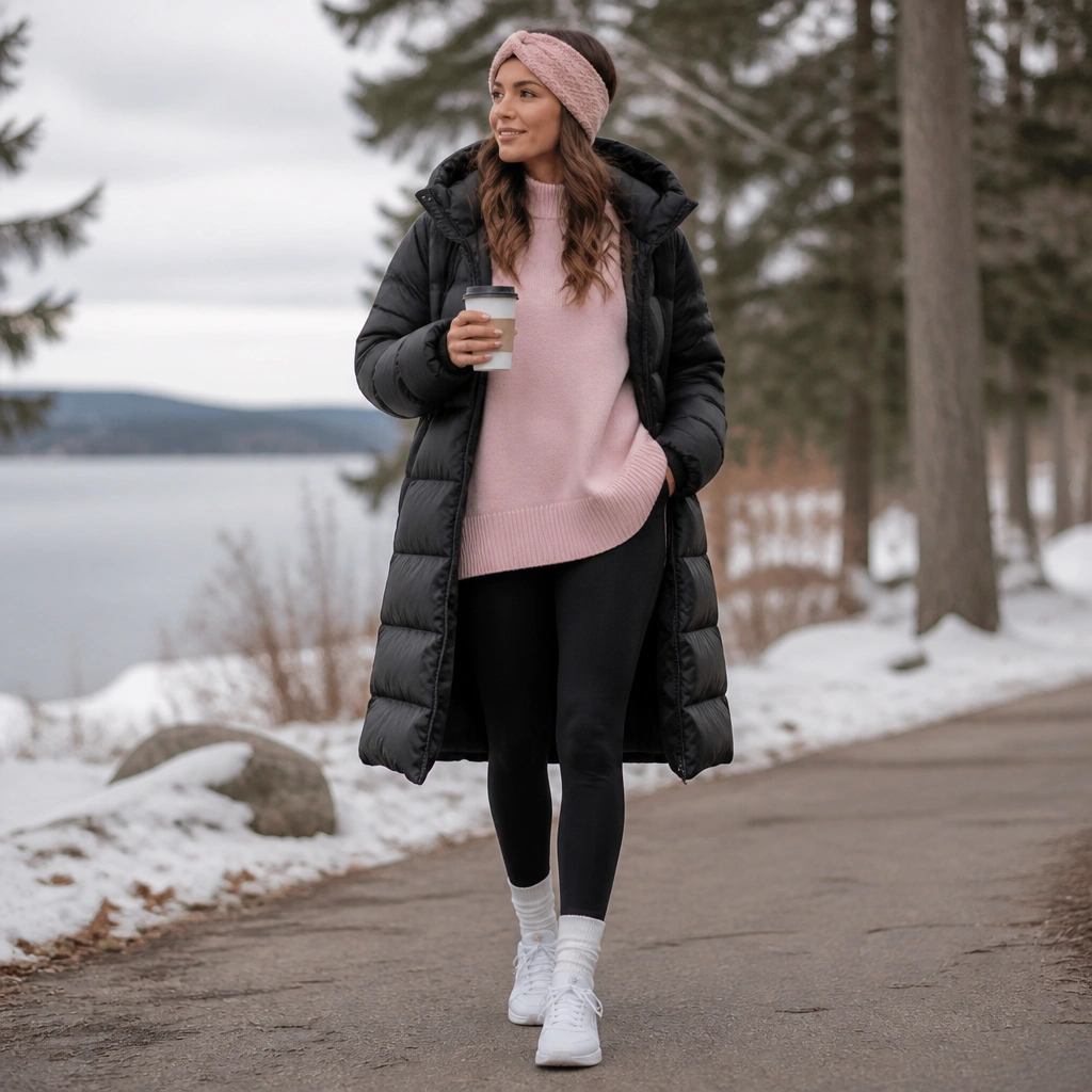 An oversized light pink sweater worn with black fleece-lined leggings and a long black puffer jacket; white sneakers and a knit headband are visible.