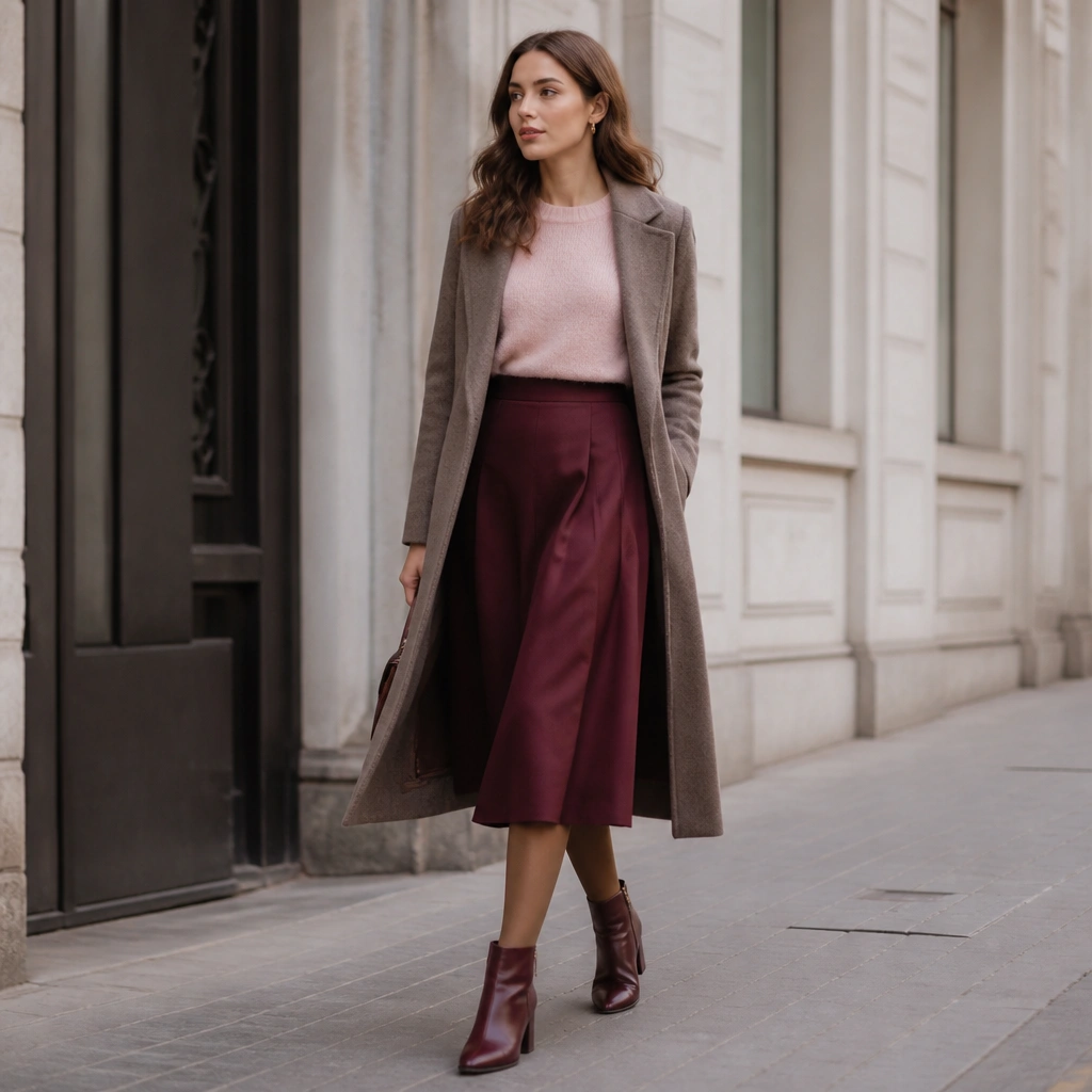A blush pink sweater paired with a burgundy midi skirt and camel tights; the photo shows a long coat in taupe and burgundy boots.