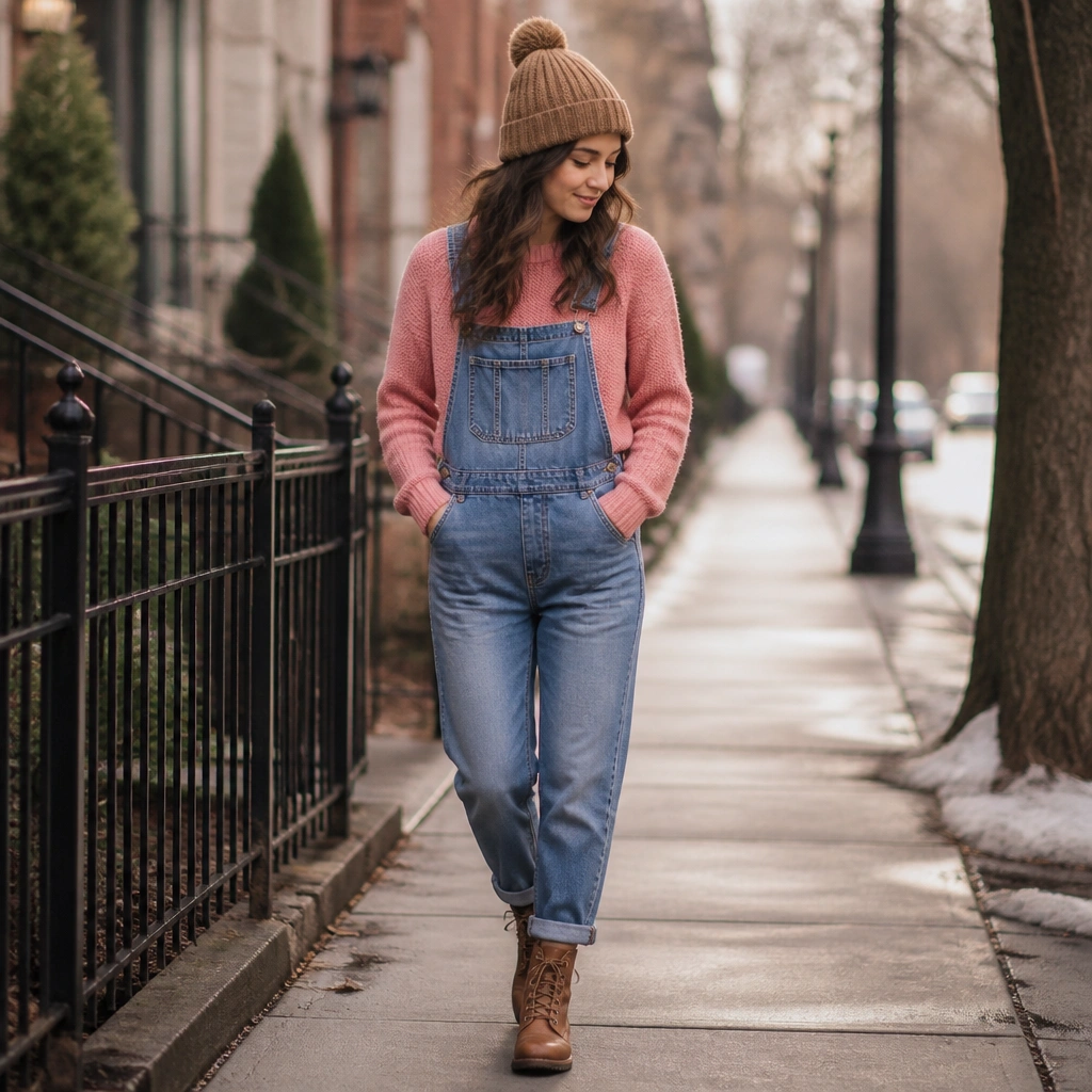 A rose pink sweater layered under denim overalls, with a tan beanie and brown lace-up boots; the photo shows a casual winter outfit on a sidewalk.