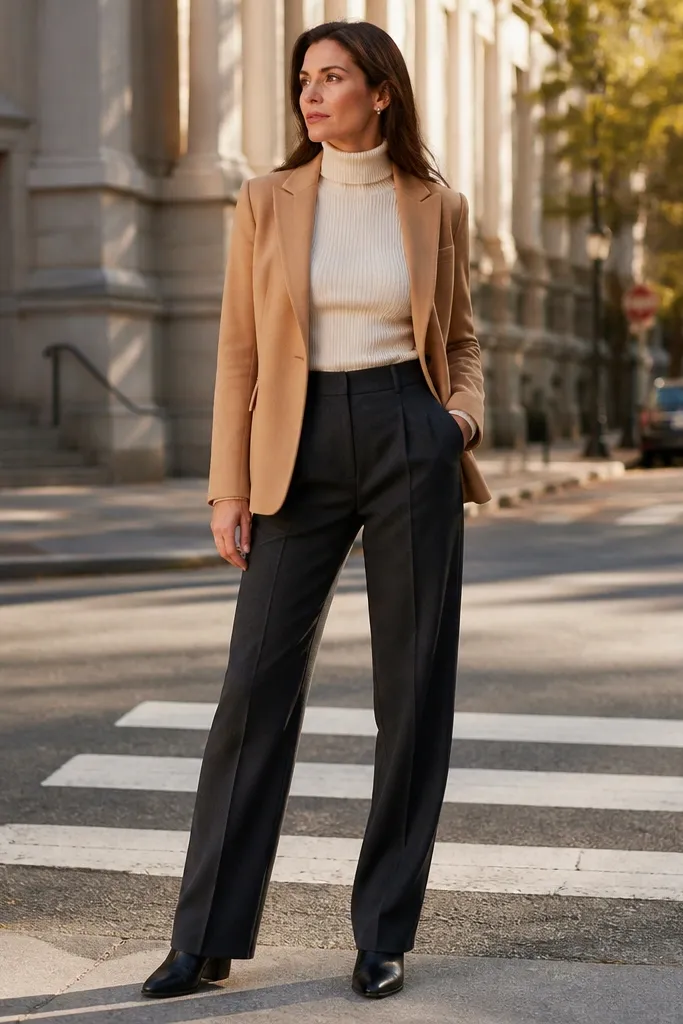 Charcoal trousers with a cream turtleneck and a camel blazer