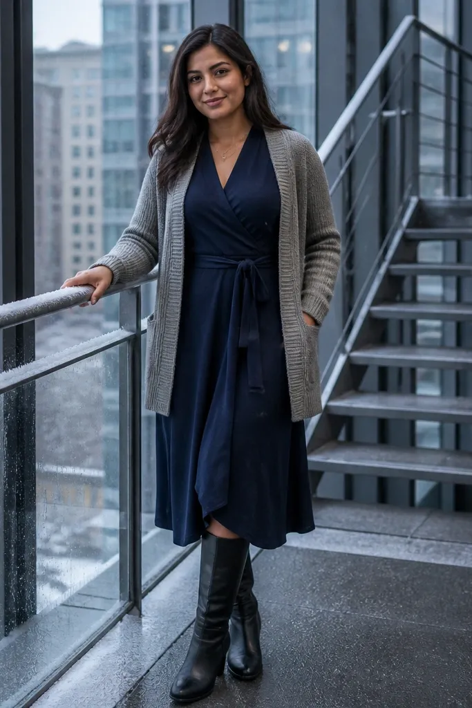 Navy wrap midi dress with a ribbed cardigan and knee-high boots