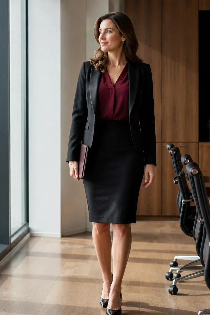 Black pencil skirt with a burgundy blouse and a fitted black blazer