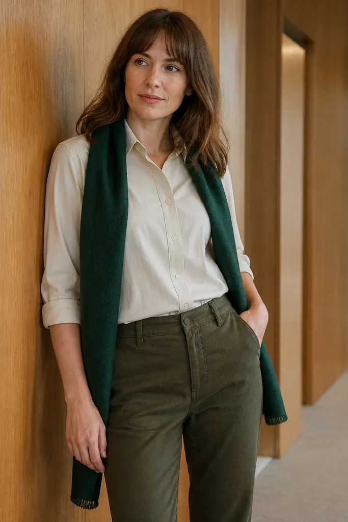 Olive trousers with a cream button-down and a forest green scarf