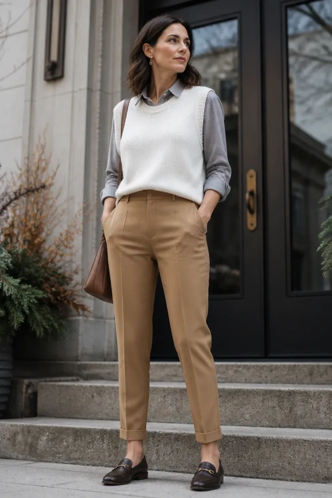 Camel tapered pants with a white sweater vest over a grey button-down