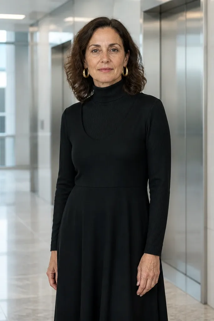 Black long-sleeve midi dress with a ribbed turtleneck layer and earrings