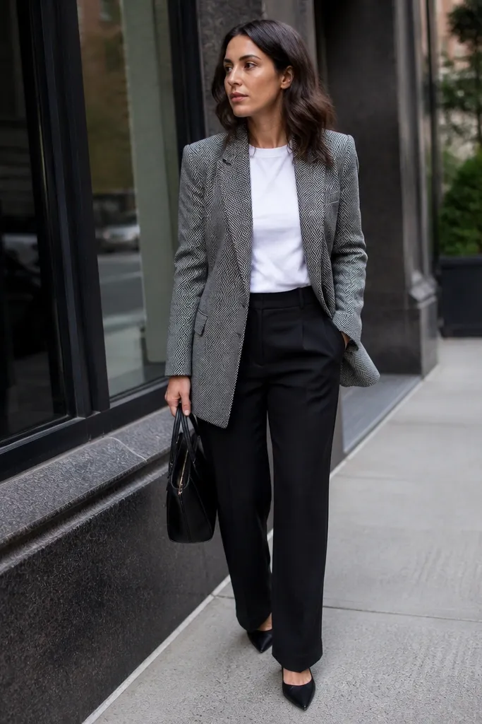 Grey herringbone blazer with black trousers and a white tee