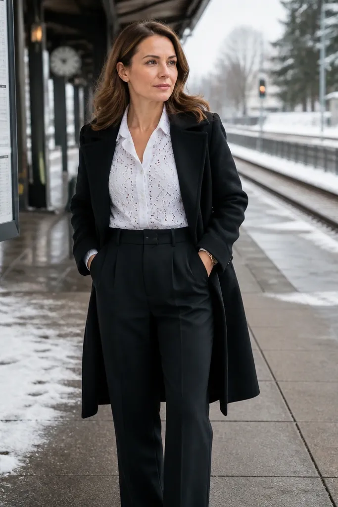 White eyelet blouse with black high-waist trousers and a belted coat