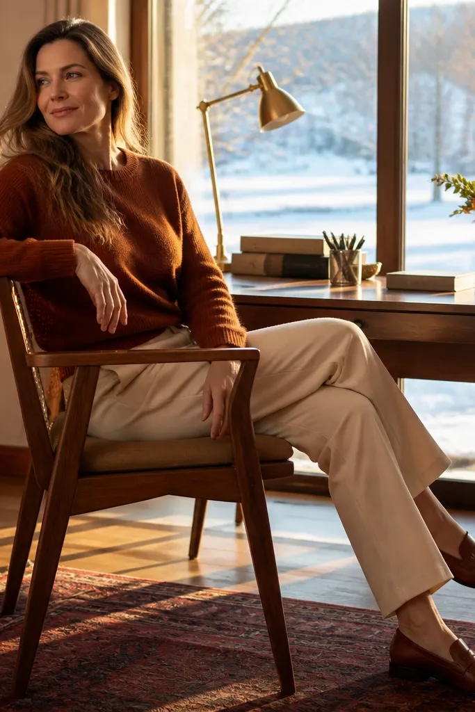 Rust sweater with cream trousers and cognac leather loafers