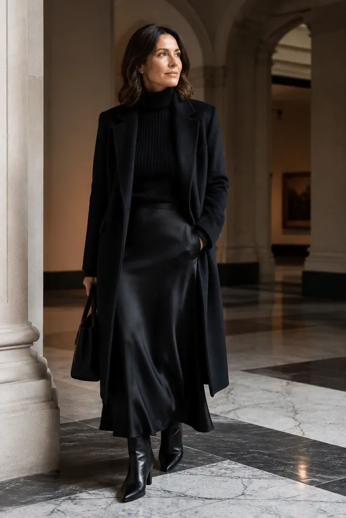 Black satin skirt with a knit turtleneck and a longline overcoat