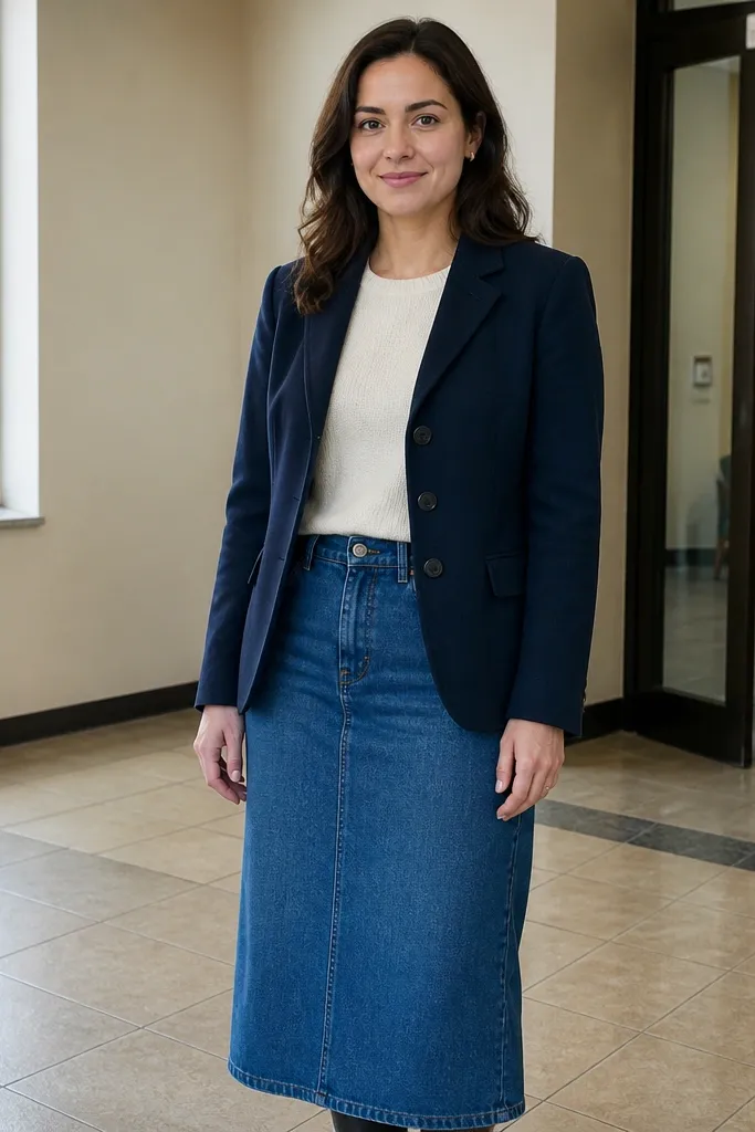 Blue denim midi skirt with a button-front blazer and white sweater