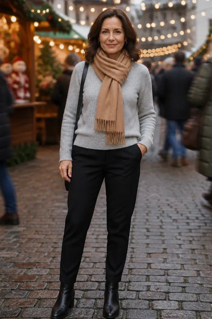 Black tapered trousers with a light grey sweater and a camel scarf