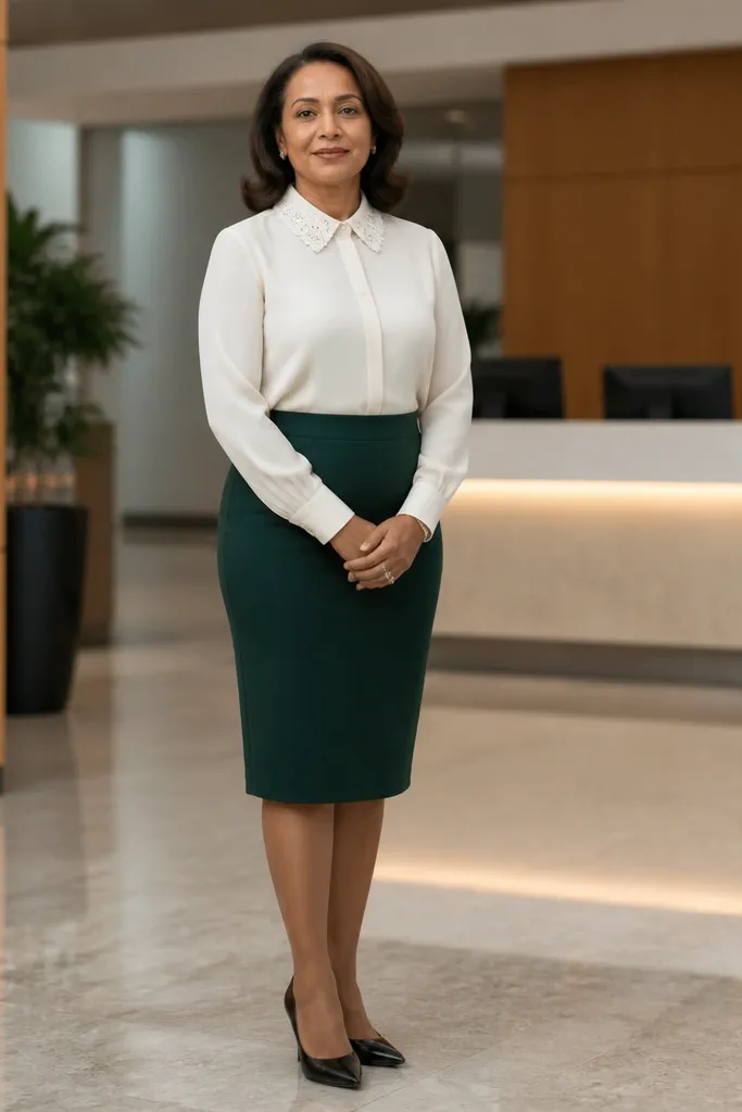 Cream blouse with lace collar and a dark green pencil skirt with black heels