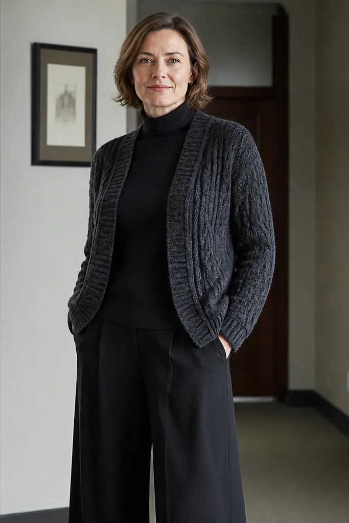 Charcoal cable-knit cardigan with black culottes and a turtleneck