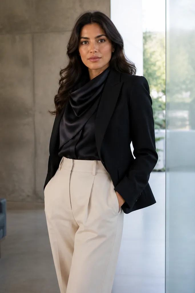 Black blazer with cream trousers and a black neck scarf