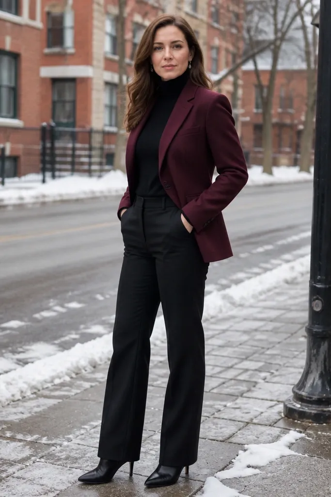 Burgundy blazer with a black turtleneck and black straight-leg pants