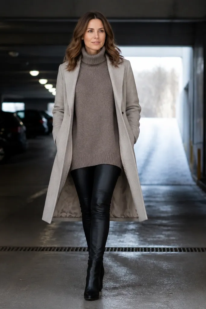 Leather-look leggings with a tunic sweater and a long wool coat