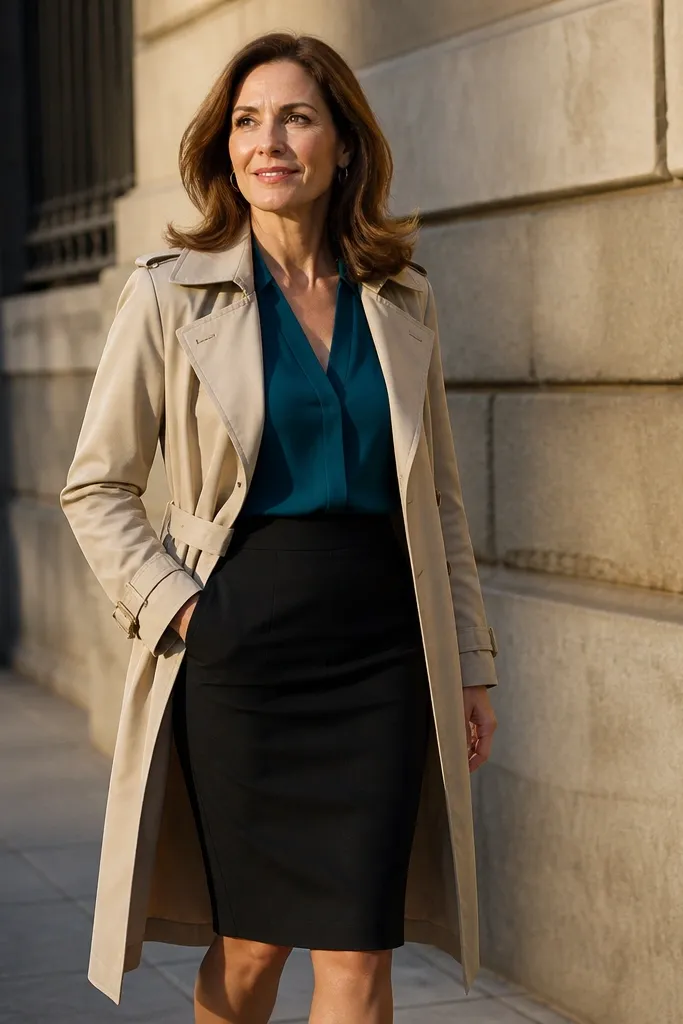 Teal blouse with a black pencil skirt and a neutral trench coat