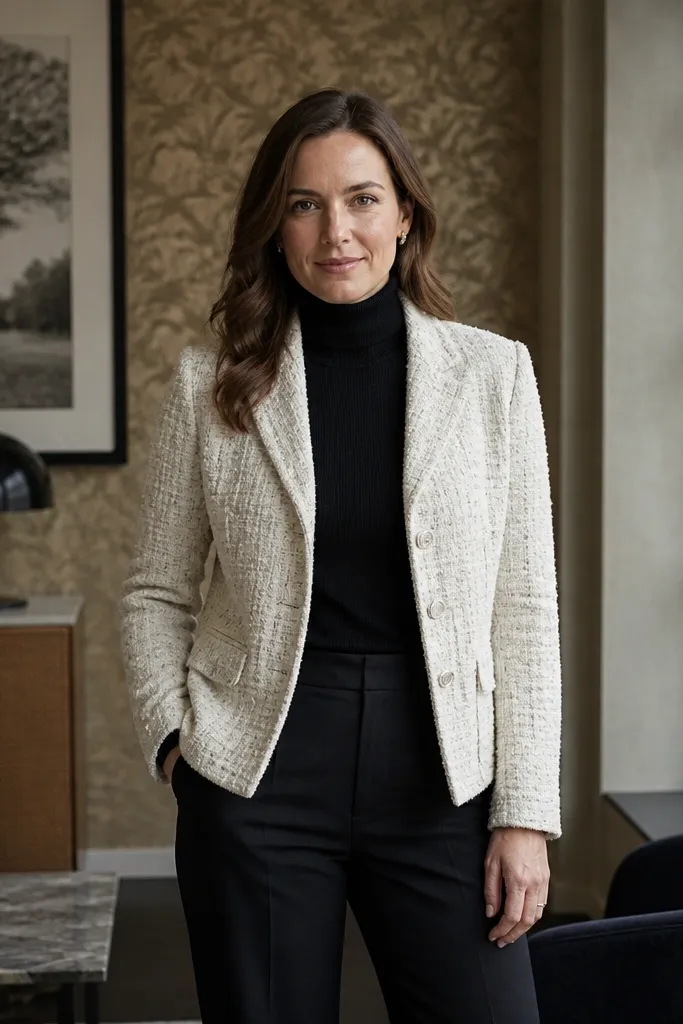 Black turtleneck with a cream boucle blazer and straight pants